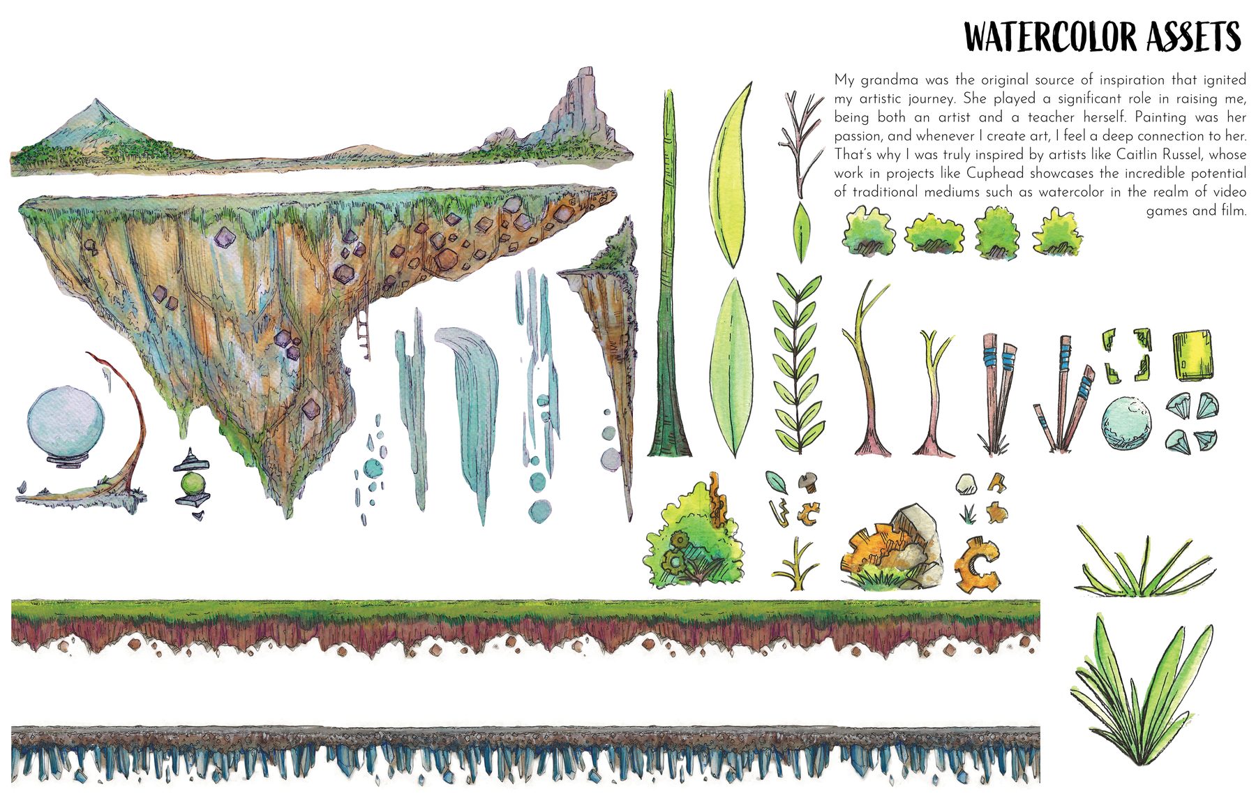 Hand-illustrated watercolor game assets
