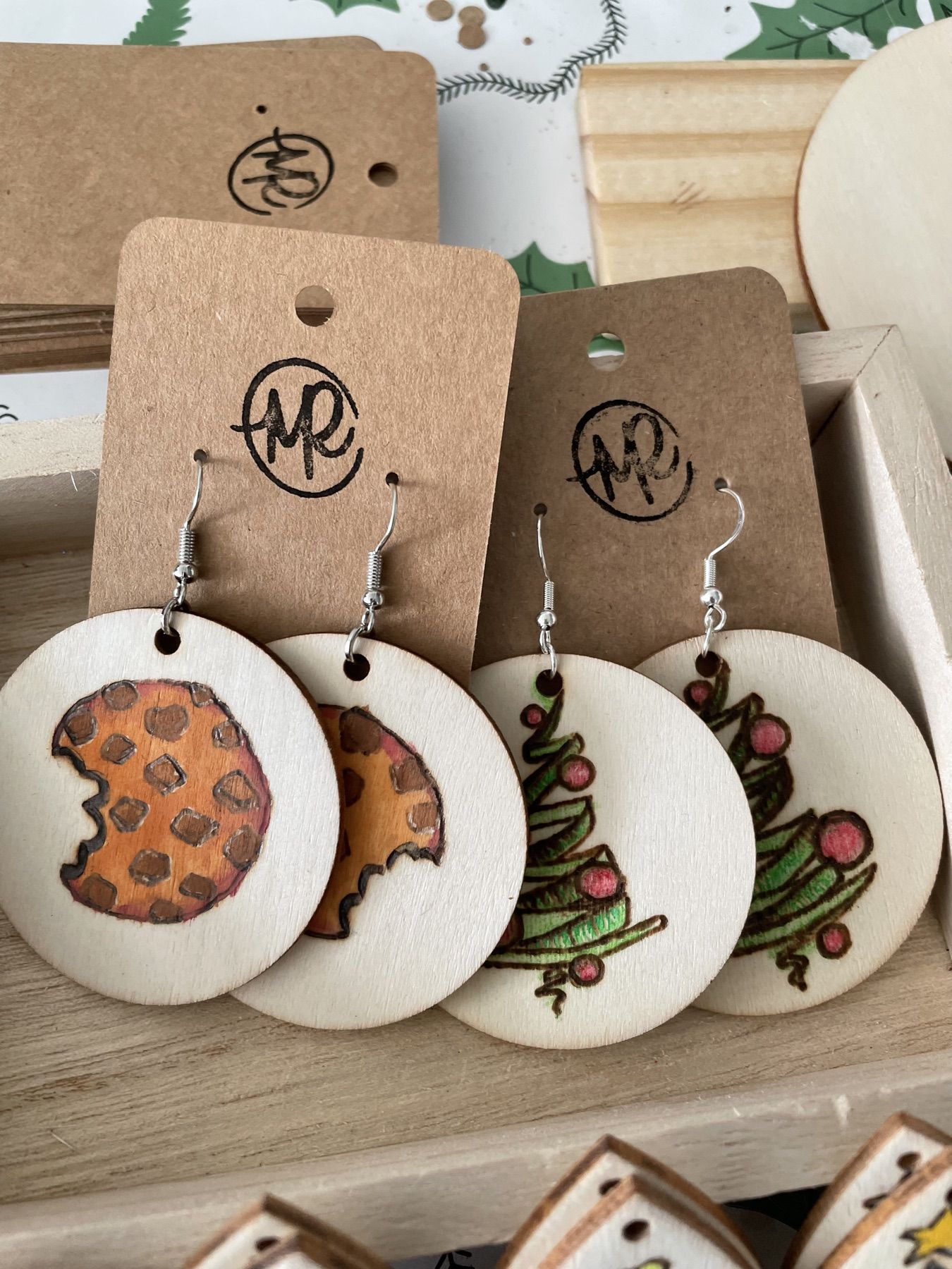 Wood-burned market earrings