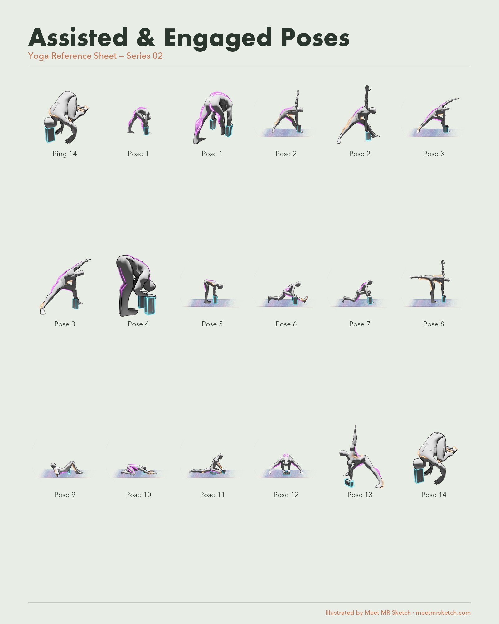 Assisted and engaged yoga poses reference poster